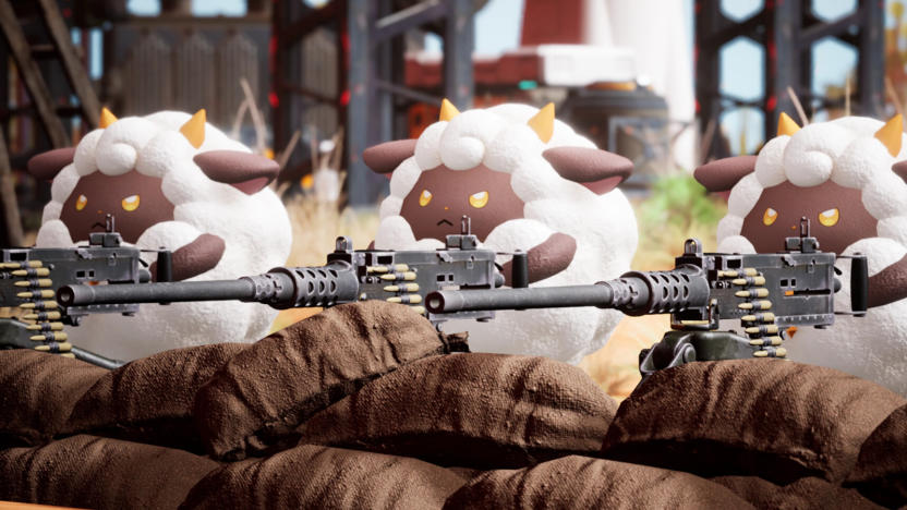 Computer-generated cartoon sheep with machine guns.