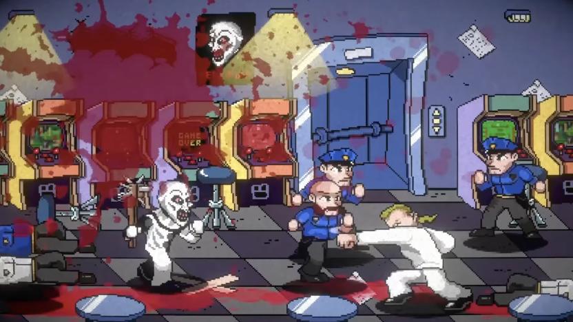 A still from the upcoming beat 'em up game, Terrifier: The ARTcade Game showing a pixel art version of Art the Clown holding a mace in an arcade room filled with cops and a man in white throwing a punch. There's blood spatter on the "camera"