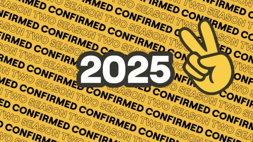 A graphic with a yellow background and the words Season two confirmed written repeatedly in a diagonal pattern. "2025" is overlaid on top of it, with a yellow hand making the peace sign next to it