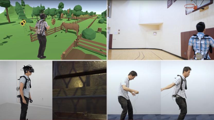 four squares of screencaps from various application demos for the devices -- VR, basketball, other vr, jump rope instruction