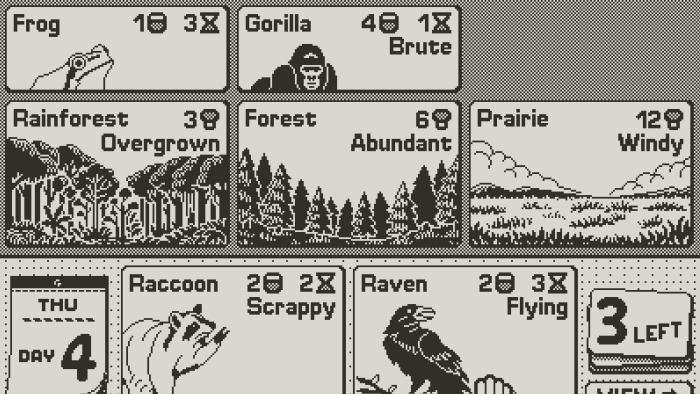 A still from the Playdate game Spilled Mushrooms showing game cards on a virtual board. The cards depict a frog, gorilla and the habitats rainforest, forest and prairie. Two more cards representing the player's hand are shown at the bottom: a raccoon and a raven