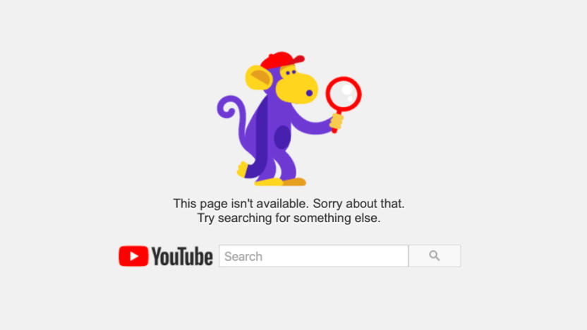 A YouTube screenshot showing a monkey with a magnifying glass. "This page isn't available. Sorry about that. Try searching for something else."