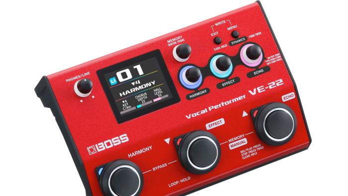 The BOSS VE-22 Vocal Performer pedal in red with three major buttons and several smaller ones next to a tiny display.