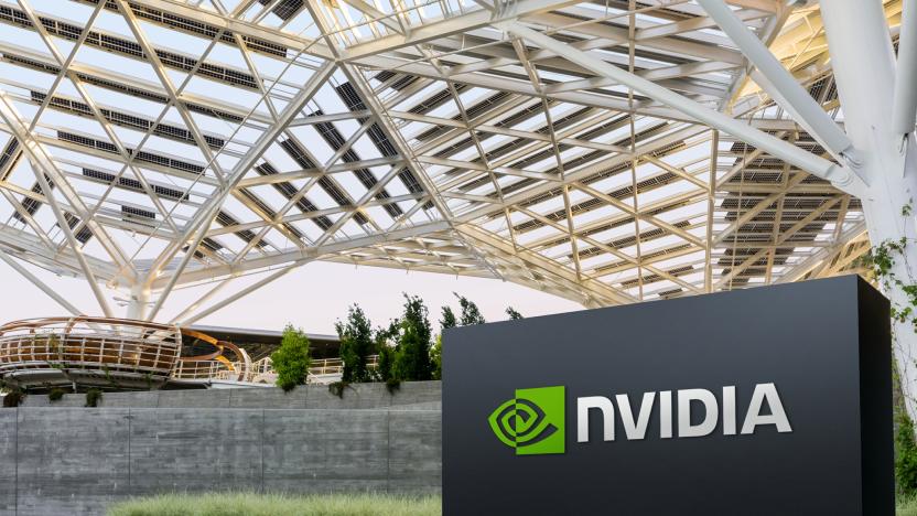 View of Nvidia headquarters, featuring modern design with a company logo sign in the foreground.