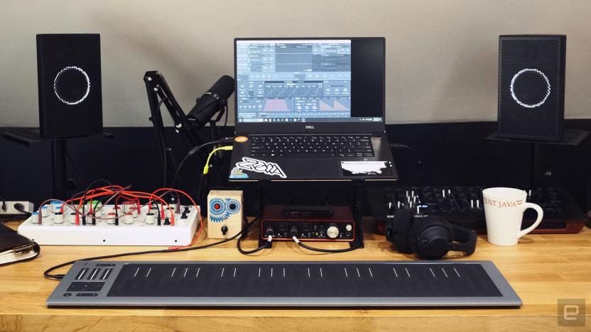 Roli Seaboard Rise 2 on my desk with some other music gadgets and my grandfather's coffee mug. 