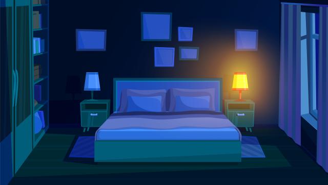 Bedroom at night. Evening bed, room interior with moon light. Dark out window, modern cartoon empty home at sleep time recent vector illustration. Illustration bed interior furniture, night room