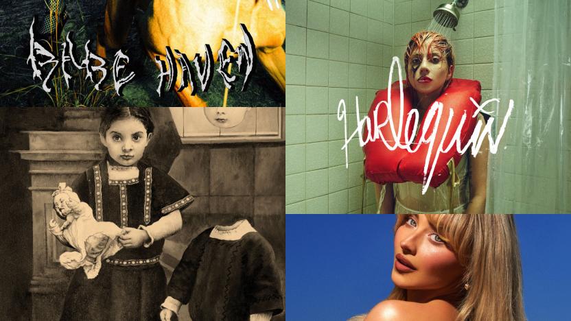 Album covers for Babe Haven's Nuisance, The Jesus Lizard's Rack, Lady Gaga's Harlequin and Sabrina Carpenter's Short n Sweet in a collage