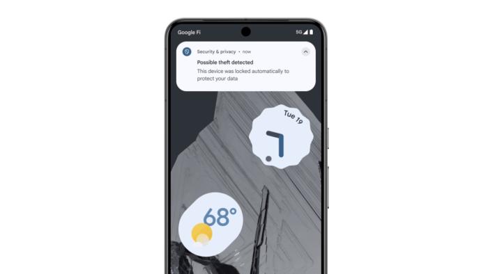 A Pixel phone display showing the message "possible theft detected."