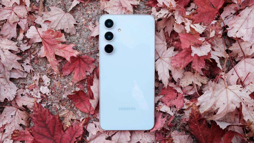 A blue Galaxy S24 FE sits on a pile of red maple tree leaves with the concrete sidewalk below. 